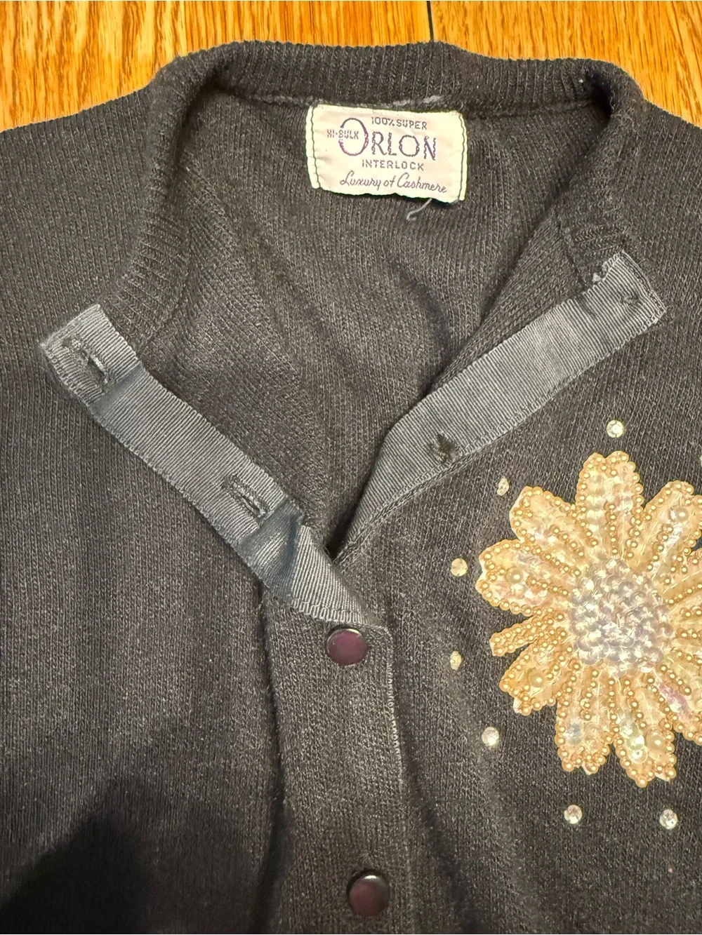 Vintage 1960s Black Women's Cardigan with Pearl and Sequin Floral Appliqué-S